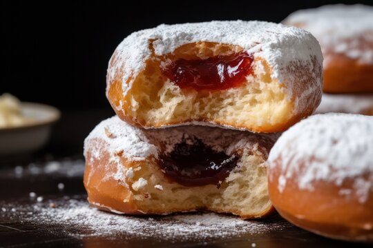 paczki donuts dish closeup. Polish doughnuts with jam cherry filling.