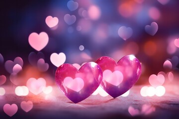 pink lilac hearts 3d render and bokeh Valentines day background banner in pastel color palette copy space top