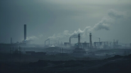 Fototapeta na wymiar Coal mining industrial landscape. Heavy pollution, smoke, dust, ruined ecosystem. Generative AI