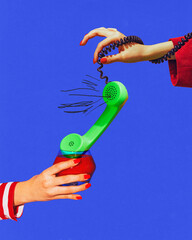 Contemporary art collage. Creative invitation on Party. Retro phone drowns in glass of Bloody Mary...