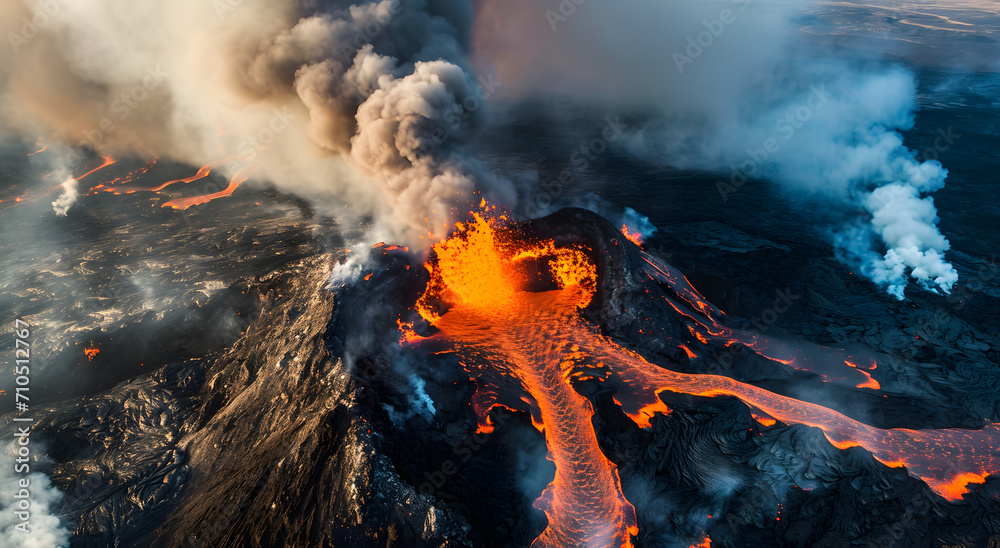 Wall mural Volcaninc eruption with lava flow, fiery inferno 