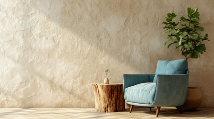 blue Fabric lounge chair and wood stump side table against beige stucco wall with copy space. Rustic minimalist home interior design of modern living room 