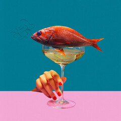 Contemporary art collage. Liquid Leisure. Playful goldfish, scales shimmering like jewels, talking...