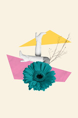 Vertical collage picture of mini black white colors girl legs high heel boots stick big flower...