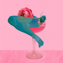 Contemporary art collage. Poison in Crystal Chalice. Legs like columns, supporting world of...