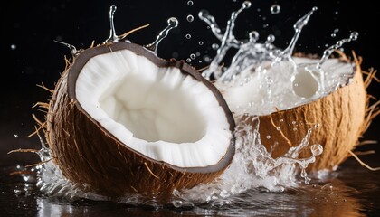 Fresh cold pure coconut with splashes and water drops on dark background