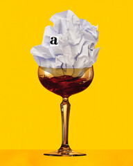 Contemporary art collage. Lost in thought. Glass of alcoholic cocktail with smashed paper and...