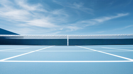 Opponent facing tennis net on blue court with white line