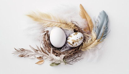 Easter nest with feathers on wooden background. generative ai