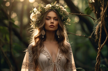 Fototapeta premium Fashion shoot in a lush forest, with a female model wearing bohemian, flowy attire. flowers and hanging vines. with soft sunlight filtering through the trees. portrait of a woman