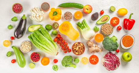 food background with assortment of fresh organic fruits. on a white background top view. Healthy eating. diet concept