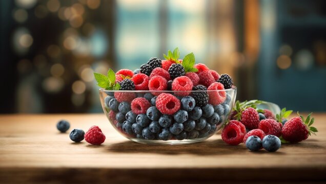 Fresh Berries In A Glass Bowl On A Wooden Surface