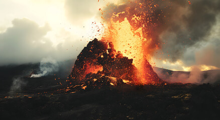 Volcanic eruption with lava flows - inferno on the earth - obrazy, fototapety, plakaty