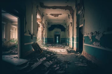 Fotobehang Dilapidated Legacy: A Haunting Image of the Destroyed Hospital, Echoes of Time Evident in the Ruins. © Raccoon Stock AI