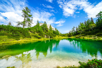 Fairy tale lake on the high plateau of the Tauplitzalm. View of the lake at the Totes Gebirge in...