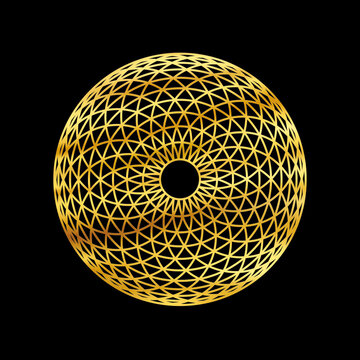 Torus yantra gold symbol isolated on black background. Sacred geometry golden symbol