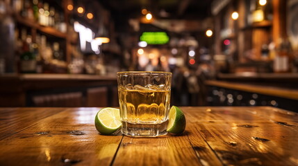 Gold tequila shots with lime and salt on wooden bar, blurred bar background, Generated AI - obrazy, fototapety, plakaty