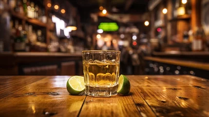 Fotobehang Gold tequila shots with lime and salt on wooden bar, blurred bar background, Generated AI © jirayut