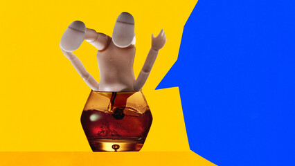 Contemporary art collage. Body Cocktail. Glass of whiskey and headless doll drowning in it against...