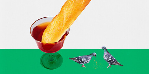 Contemporary art collage. Vino and Takeout. Two pigeons perch on edge of bistro table, eyeing...