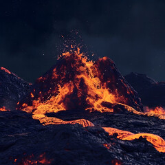 Volcanic eruption in the evening with hot burning lava flows