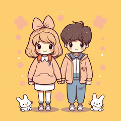 illustration of a cute girl and boy, childhood friends with cute rabbits