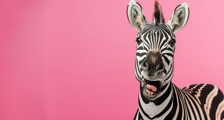 Funny zebra on a pink background. The zebra has its mouth open and its tongue sticking out. The zebra smiles. close-up. place for text.