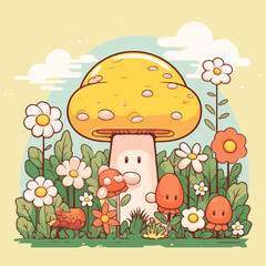 cute illustration of a yellow mushroom character in the forest