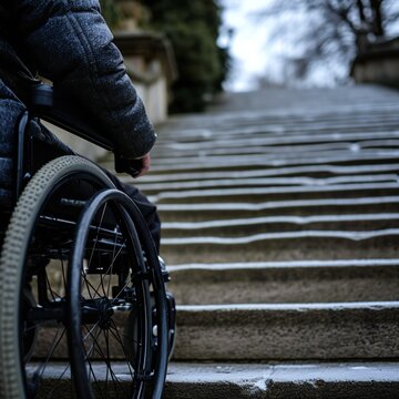 Disabled Person In A Wheelchair In Front Of A Stairs