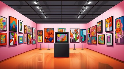 Modern contemporary art gallery museum exhibition interior illustration in cartoon style. Bright colors, empty room scene for game background