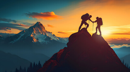 Hiker helping friend reach the mountain top, illustration - obrazy, fototapety, plakaty