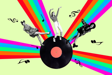 Creative collage picture dancing three ladies young friends company celebrate festive event party huge vinyl record music player