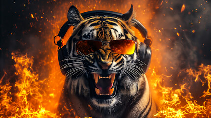 crazy angry tiger with sunglasses and headphones surrounded by fire and flames - obrazy, fototapety, plakaty