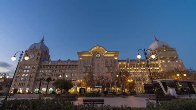 Old Historical Vintage Building at sunset, Illumination, Lights and Facade Downtown. Baku Azerbaijan hyperlapse timelapse 4K