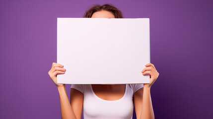 Fototapeta premium Woman holding a blank white board on isolated purple background - ai generative