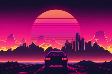 Poster Retrowave Sunset Drive: Vintage Car Silhouetted Against a Nostalgic Horizon.  © Raccoon Stock AI