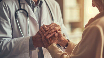 Close-up of a healthcare professional's hands gently clasping the hands of an elderly patient, suggesting care, comfort, and support. - obrazy, fototapety, plakaty