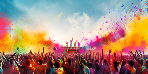 Radiant Revelry Embarking on a Visual Journey Through the Holi Festival of Colors, Witnessing Vibrant Silhouettes and Lively Festive Expressions, Harmony in Hues generative AI