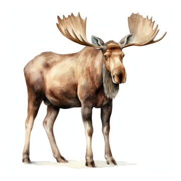 Moose watercolor illustration. Painting of forest animal on white background