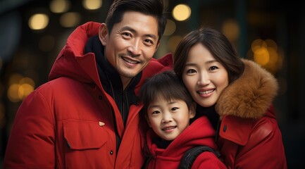 Asian family wearing bright solid light red clothes in a Plaza shopping district in near year