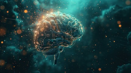 Artificial Intelligence Brain Concept Illustration. Digital brain representing artificial intelligence, with circuitry and glowing nodes, symbolizing intersection of technology and mental processes.