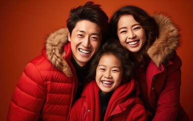 Asian smiling parents with kid wearing red new year clothes