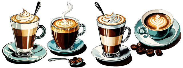 Collection of vintage illustrations with effects Halftone cartoon style in 1950's, Illustration of coffee, Transparent background PNG.