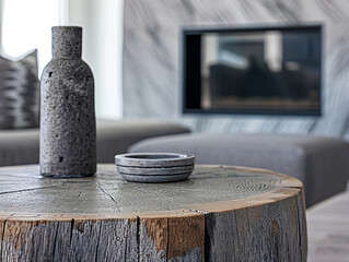 Elegant Minimalist Interior Design of Modern Living Room with Rustic Round Coffee Table, Grey Bench and Sleek Fireplace in a Luxurious Loft Setting, Highlighting Refined Comfort and Stylish Home Decor