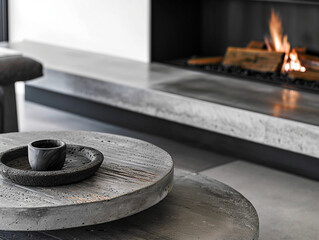 Obraz premium Elegant Minimalist Interior Design of Modern Living Room with Rustic Round Coffee Table, Grey Bench and Sleek Fireplace in a Luxurious Loft Setting, Highlighting Refined Comfort and Stylish Home Decor