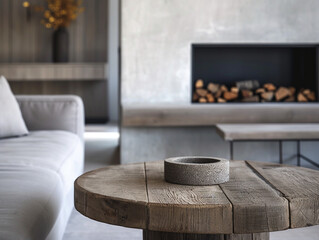 Elegant Minimalist Interior Design of Modern Living Room with Rustic Round Coffee Table, Grey Bench and Sleek Fireplace in a Luxurious Loft Setting, Highlighting Refined Comfort and Stylish Home Decor