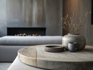 Elegant Minimalist Interior Design of Modern Living Room with Rustic Round Coffee Table, Grey Bench and Sleek Fireplace in a Luxurious Loft Setting, Highlighting Refined Comfort and Stylish Home Decor