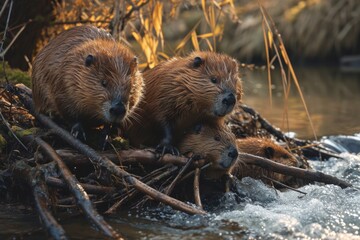 Busy beavers build dam in stream