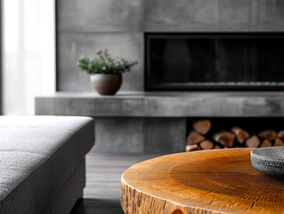 Elegant Minimalist Interior Design of Modern Living Room with Rustic Round Coffee Table, Grey Bench and Sleek Fireplace in a Luxurious Loft Setting, Highlighting Refined Comfort and Stylish Home Decor