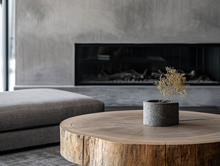 Elegant Minimalist Interior Design of Modern Living Room with Rustic Round Coffee Table, Grey Bench and Sleek Fireplace in a Luxurious Loft Setting, Highlighting Refined Comfort and Stylish Home Decor